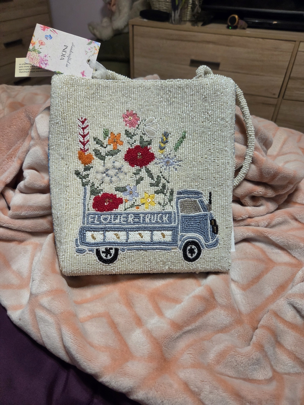 Beaded Cream Floral 'Flower Truck' Shoulder Bag